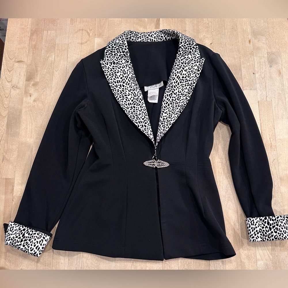 Betsy & Adam Black Blazer with Animal Print Details